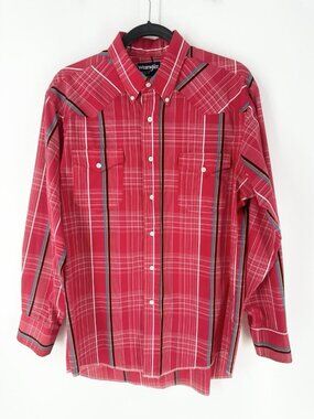 Vintage Wrangler Hot Pink Stiped Button Up Long Sleeve Men’s L? Read